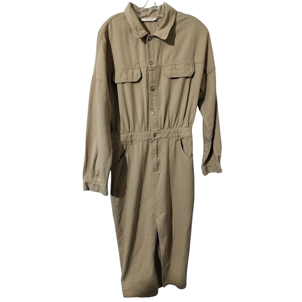 6004)Idem Ditto Woman Khaki Cotton Utility Snap Button Minimalist Midi Dress L